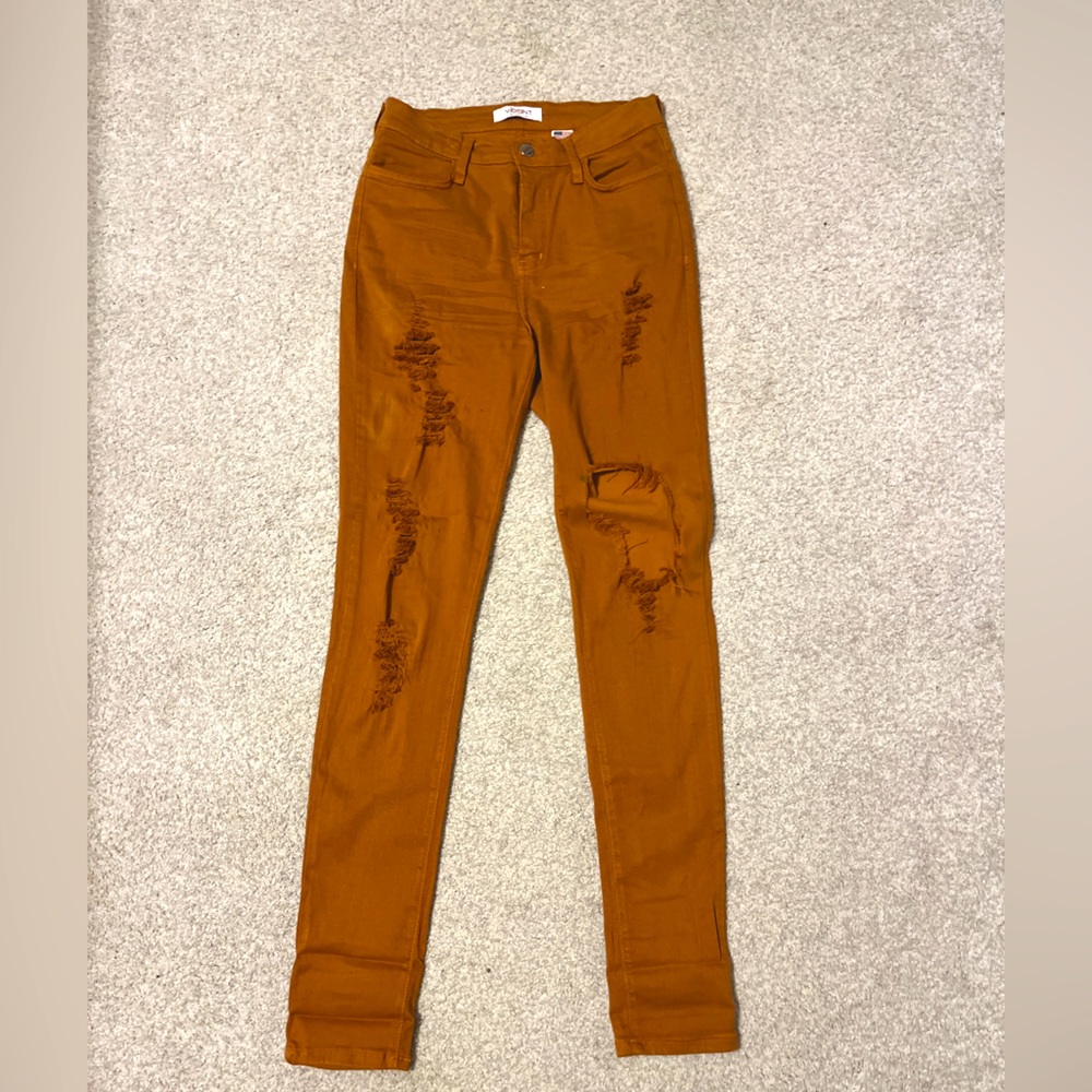 Like new Vibrant size 11 stretchy jeans, factory distressed camel colored